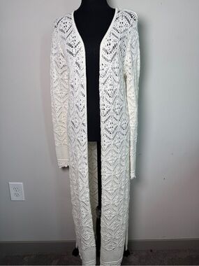 Freshman 1996 Ivory Crochet Maxi Duster Cotton Cardigan Boho Cottagecore Sz M